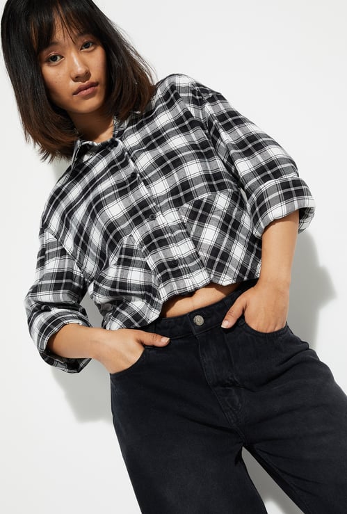 ALAYA F x URB_N Women Checked Yarn Dyed Cropped Shirt