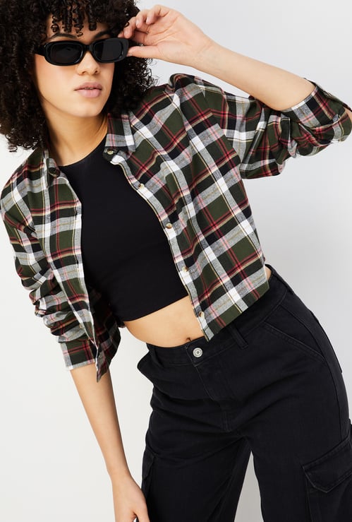 Women Checked Yarn Dyed Cropped Shirt