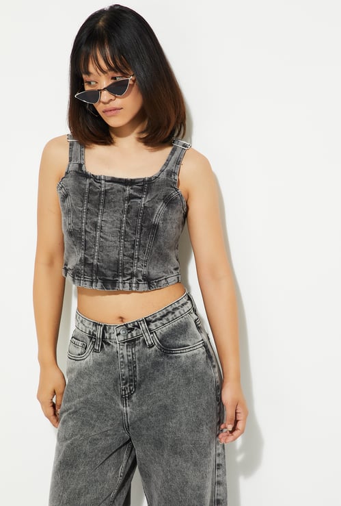 Women Washed Denim Bralette Top