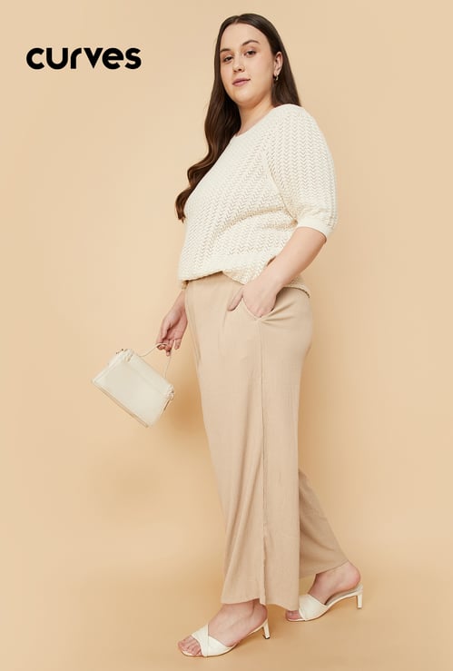 Women Textured Knit Flared Trousers