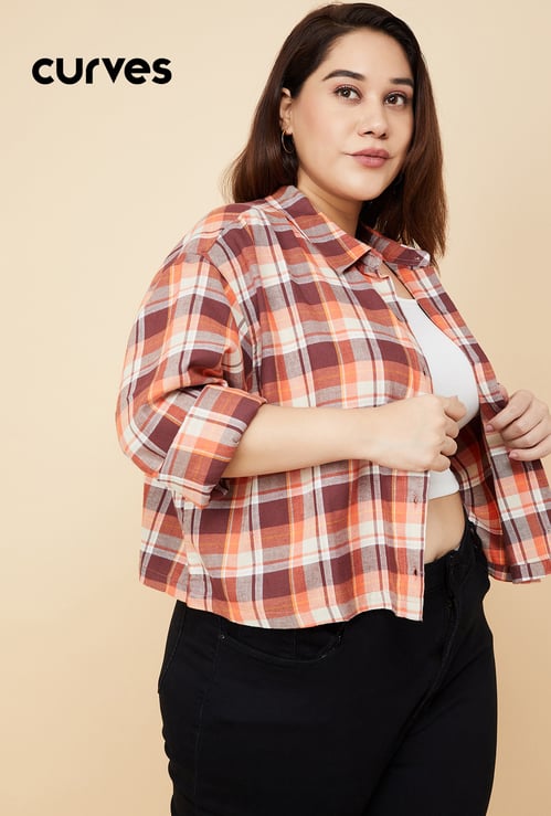 Women Checked Yarn Dyed Cropped Shirt