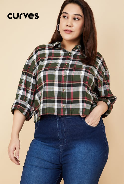 Women Checked Yarn Dyed Cropped Shirt