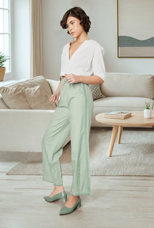 Women Lace Inset Wide Leg Trousers