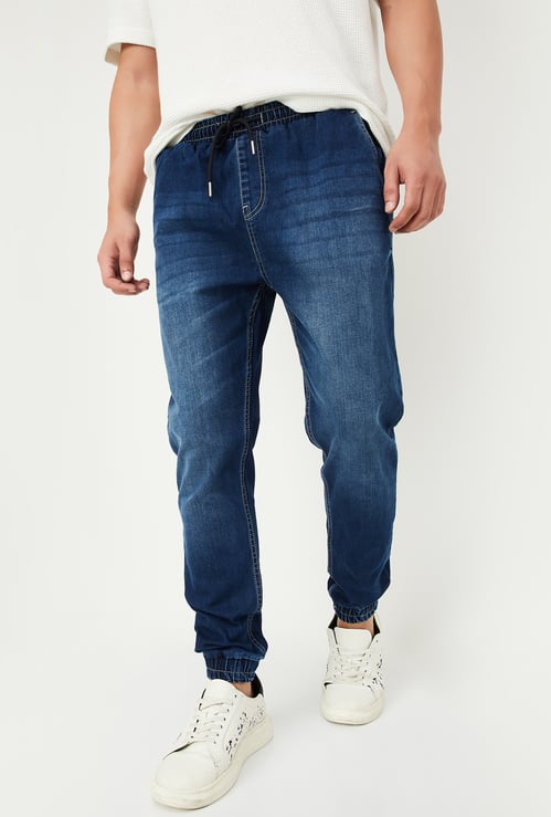 Men Carrot Fit Washed Denim Joggers