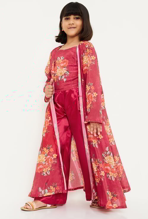 Girls Printed Top with Palazzos and Shrug