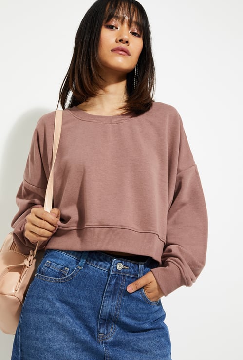 URB_N Women Solid Boxy Cropped Sweatshirt