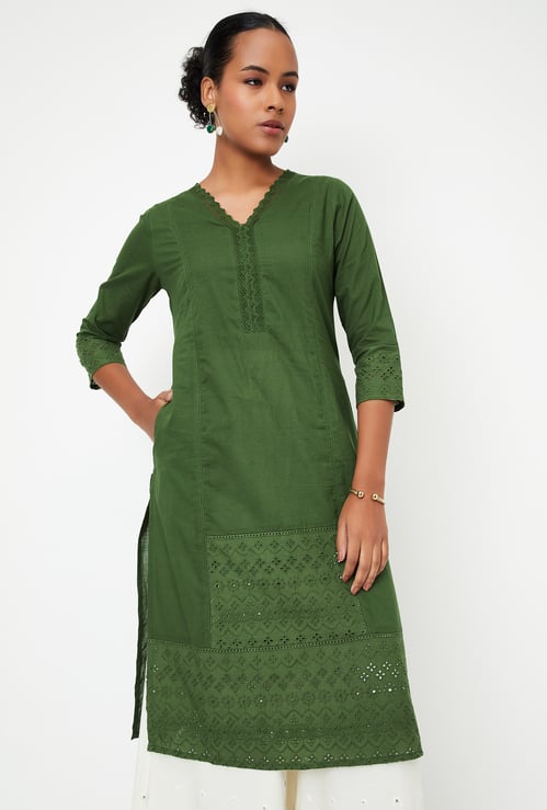 Women Schiffli Straight Kurta