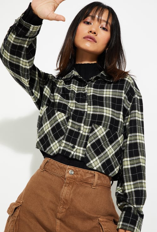 ALAYA F x URB_N Women Checked Yarn Dyed Cropped Shirt