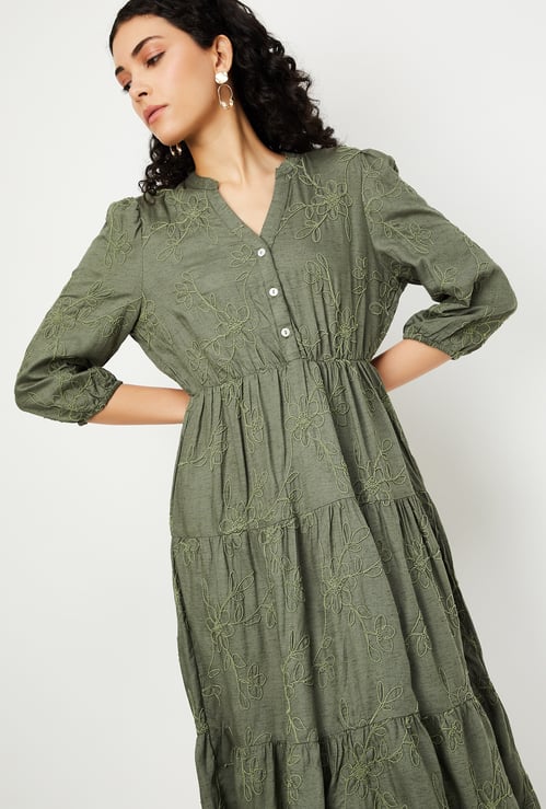 Women Floral Embroidered Tiered Dress