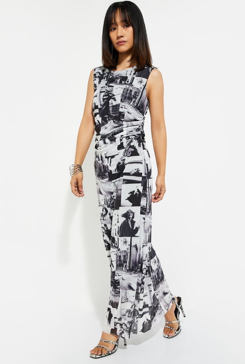 URB_N Women Printed Ruched Mesh Dress