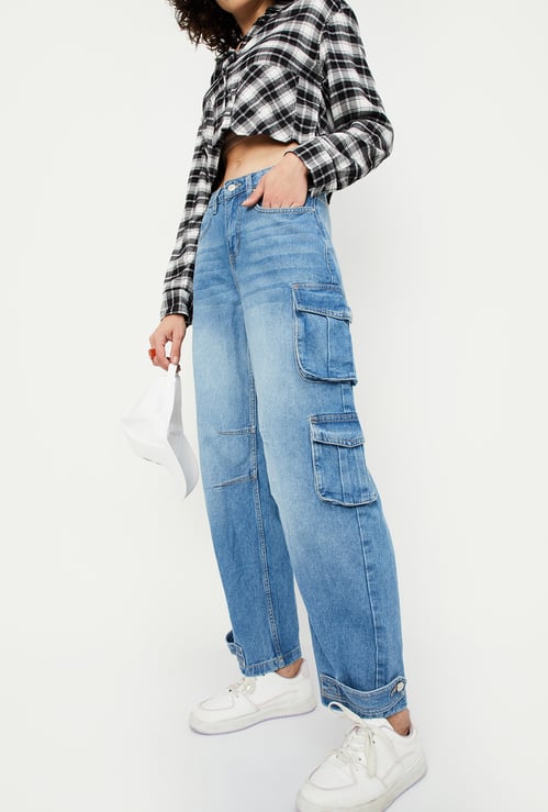 Women Washed Cargo Jeans