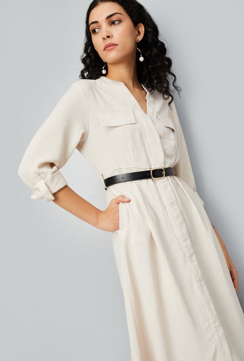 Women Solid Belted Shirt Dress