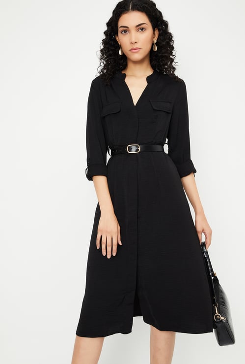 Women Solid Belted Shirt Dress