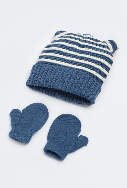 Boys Striped Beanie & Mitten Set