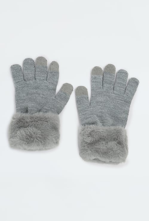 Women Knitted Gloves with Fur