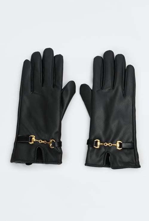 Women Solid Gloves with Horsebit