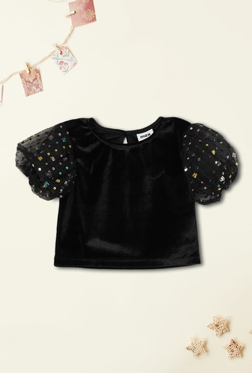 Girls Solid Puffed Sleeve Top