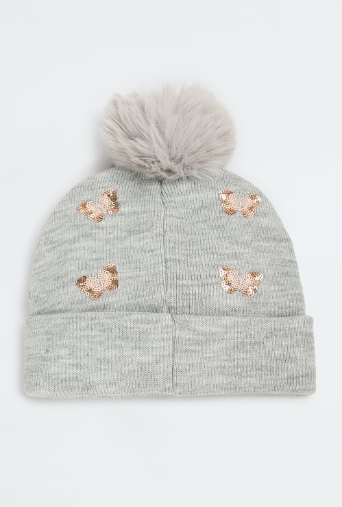 Girls Sequinned Beanie with Pom Pom