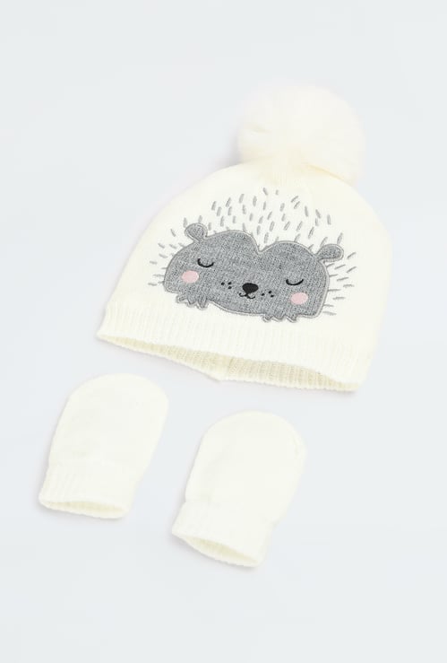Boys Embroidered Beanie with Mittens Set