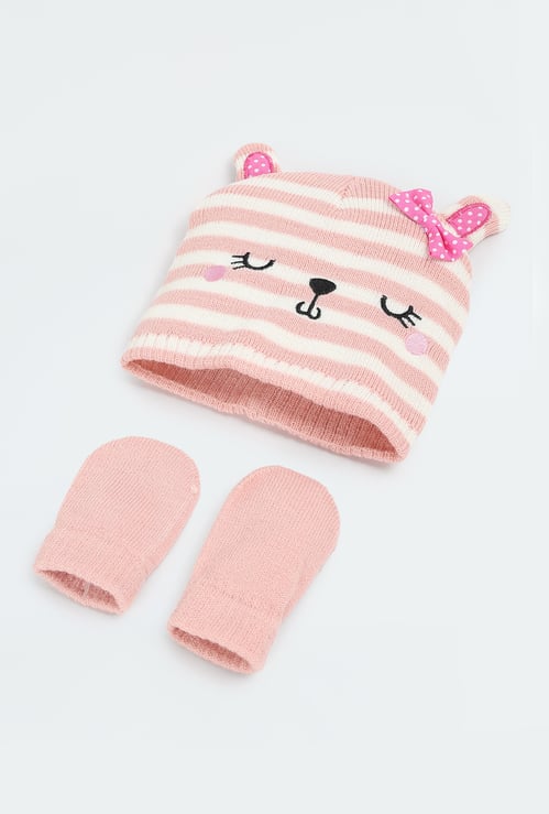 Girls Striped Beanie & Mitten Set