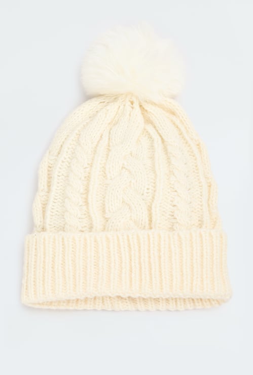 Women Cable Knit Beanie with Pom Pom