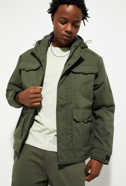 URB_N Men Solid Hooded Utility Jacket