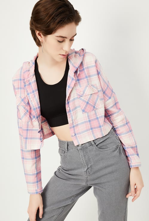 Women Checked Hooded Crop Shirt