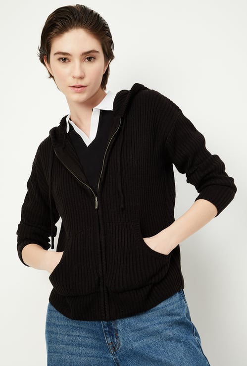 Women Ribbed Hooded Sweater