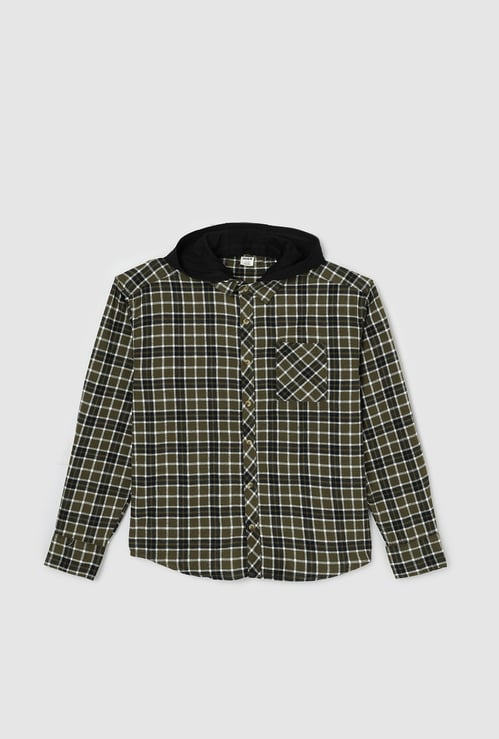 Boys Checked Hooded Shirt