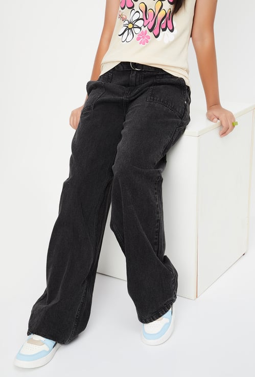 Girls Washed Wide Leg Belted Jeans