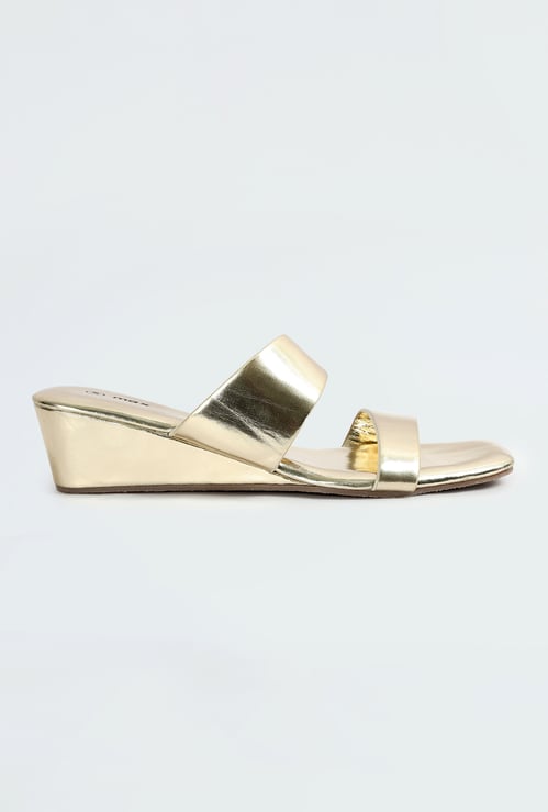 Women Metallic Double Strap Wedges