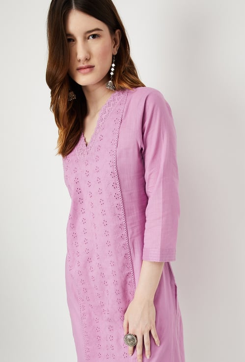 Women Schiffli Straight Kurta