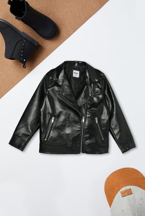 Girls Solid Biker Jacket