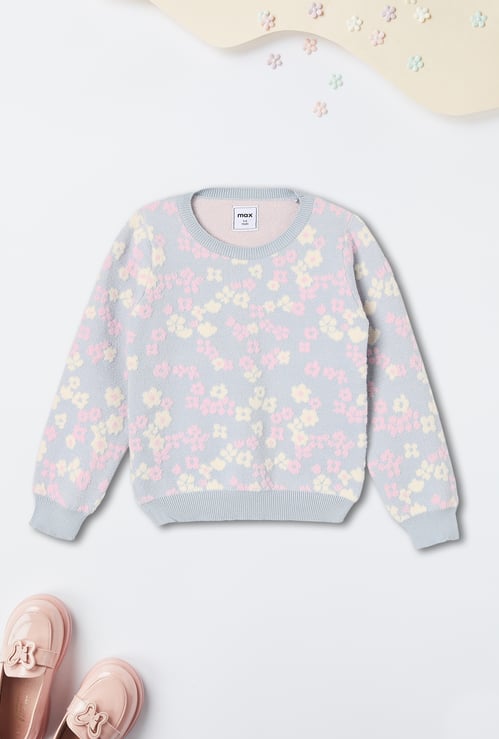Girls Floral Patterned Knit Sweater