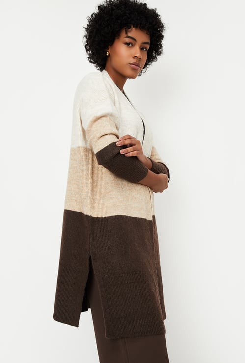 Women Colourblock Open Front Long Cardigan