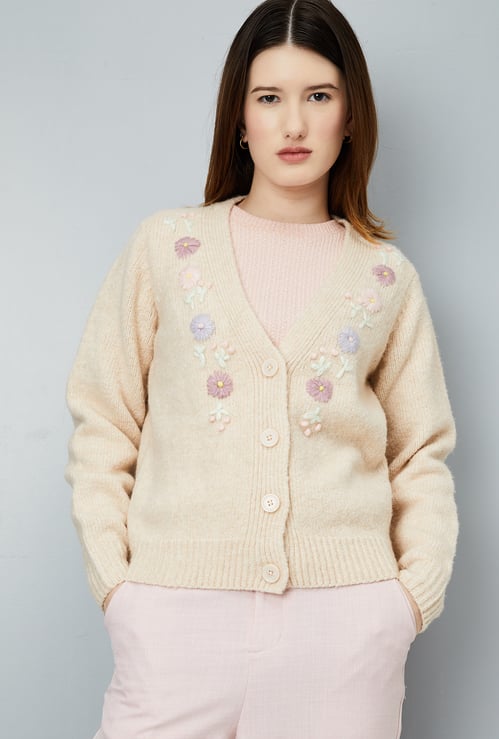 Women Floral Embroidered Knit Cardigan