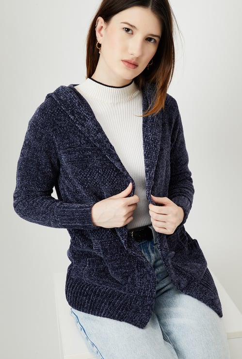 Women Self-Design Hooded Cardigan