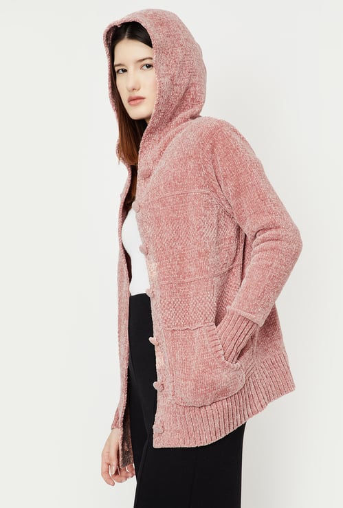 Women Self-Design Hooded Cardigan