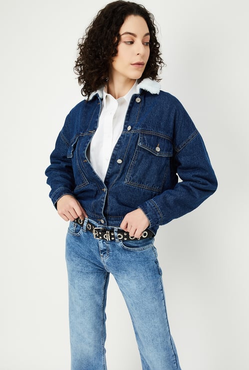 Women Denim Jacket with Teddy Collar