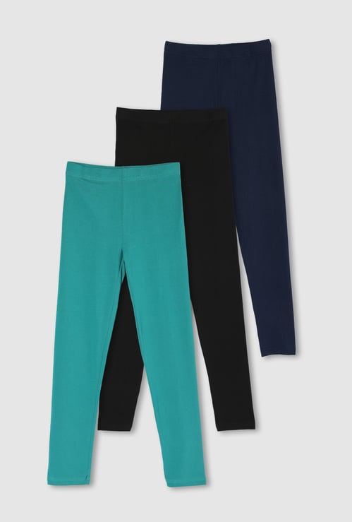 Girls Solid Full-Length Leggings - Pack of 3
