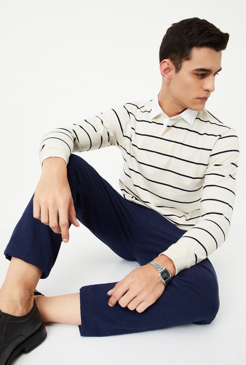 Men Striped Polo T-shirt with Full Sleeves