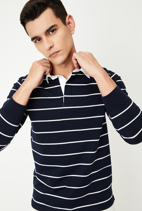 Men Striped Polo T-shirt with Full Sleeves