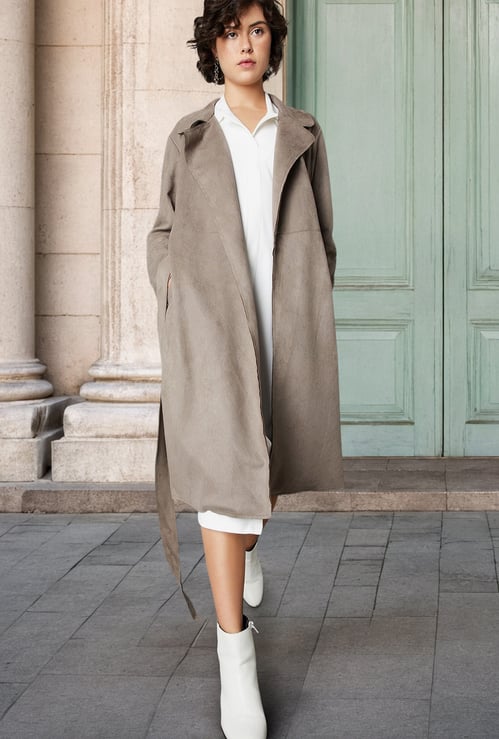 Women Solid Belted Trench Coat