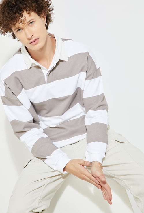 URB_N Men Oversized Striped Polo Sweatshirt