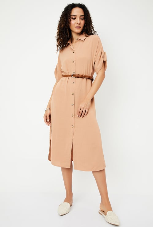 Women Solid Belted Shirt Dress
