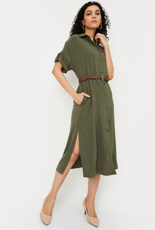 Women Solid Belted Shirt Dress