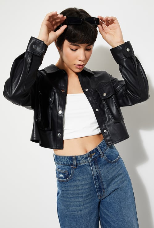 Women Faux Leather Crop Biker Jacket