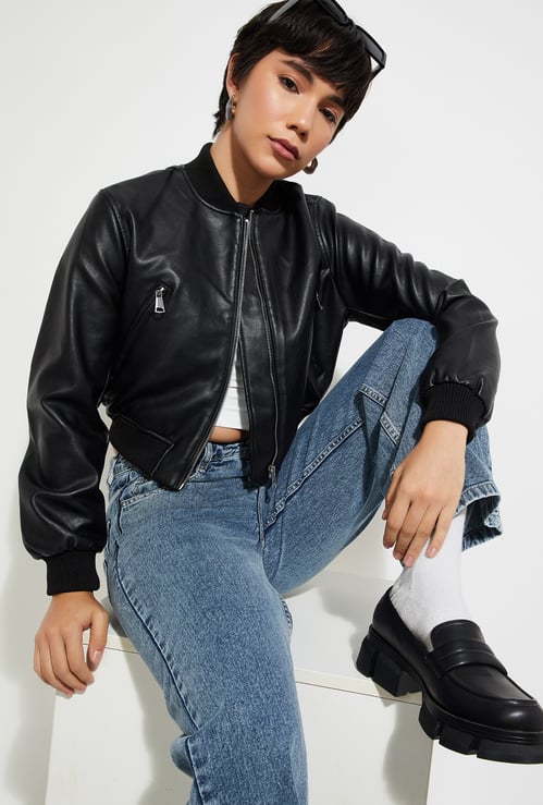 Women Faux Leather Crop Bomber Jacket