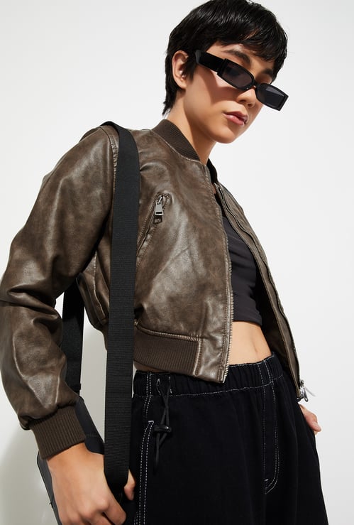 Women Faux Leather Crop Bomber Jacket