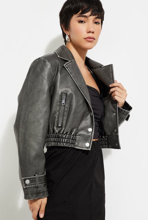 Women Solid Crop Biker Jacket